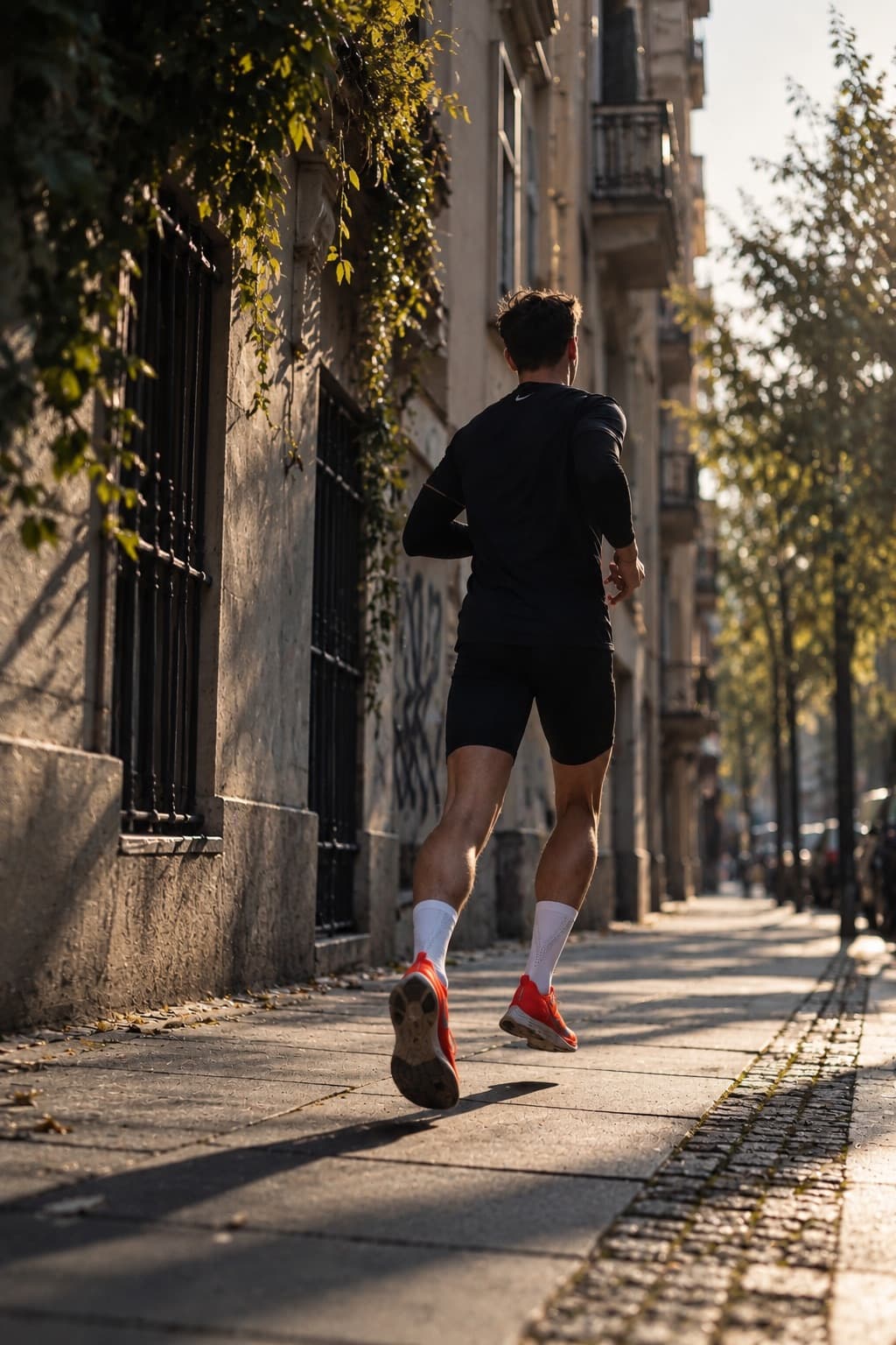 Runner on a city street in the late afternoon