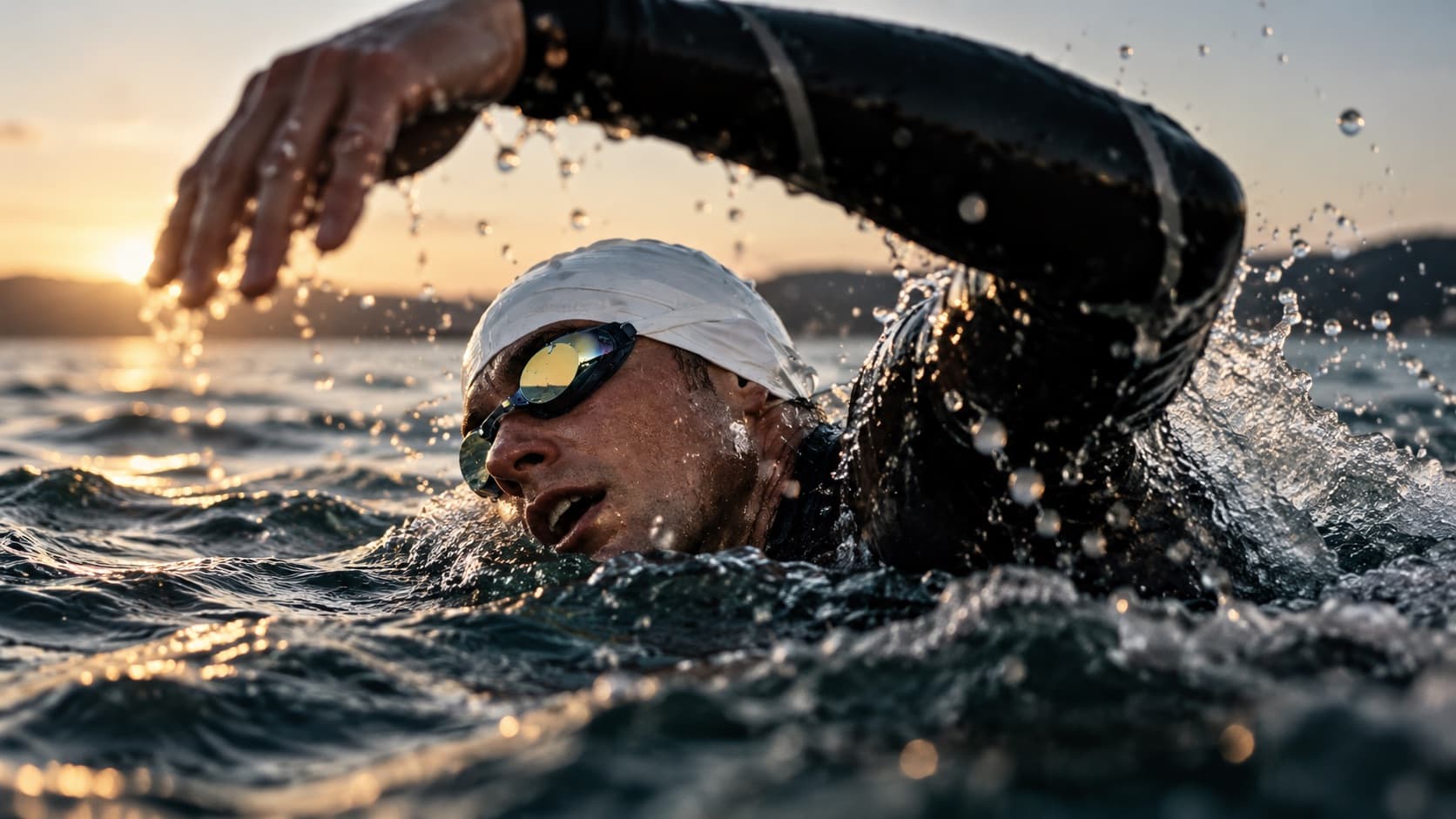 Open-water swimmer at sunset